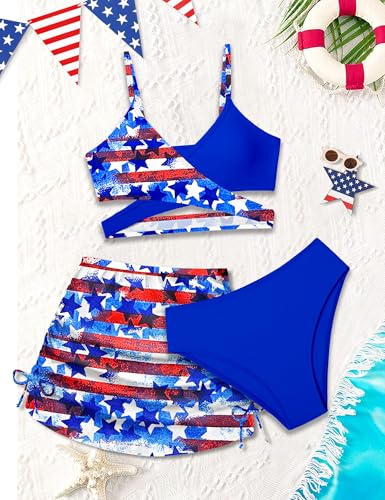 Image of Girls Swimsuits 3 Piece Bathing Suit Allover Printed Criss Cross Bikini Set with Cover Up Skirt Beach Swimwear 7-16 Years