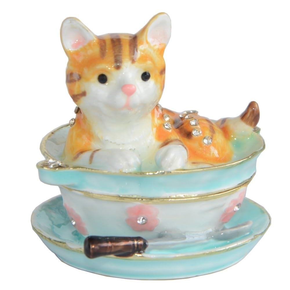 YOPI Enamel Hand Painted Bowl Cat Trinket Box Vintage Jewelry Box Hinged Metal Jewelry Organizer Decorative Treasure Box Unique Gifts