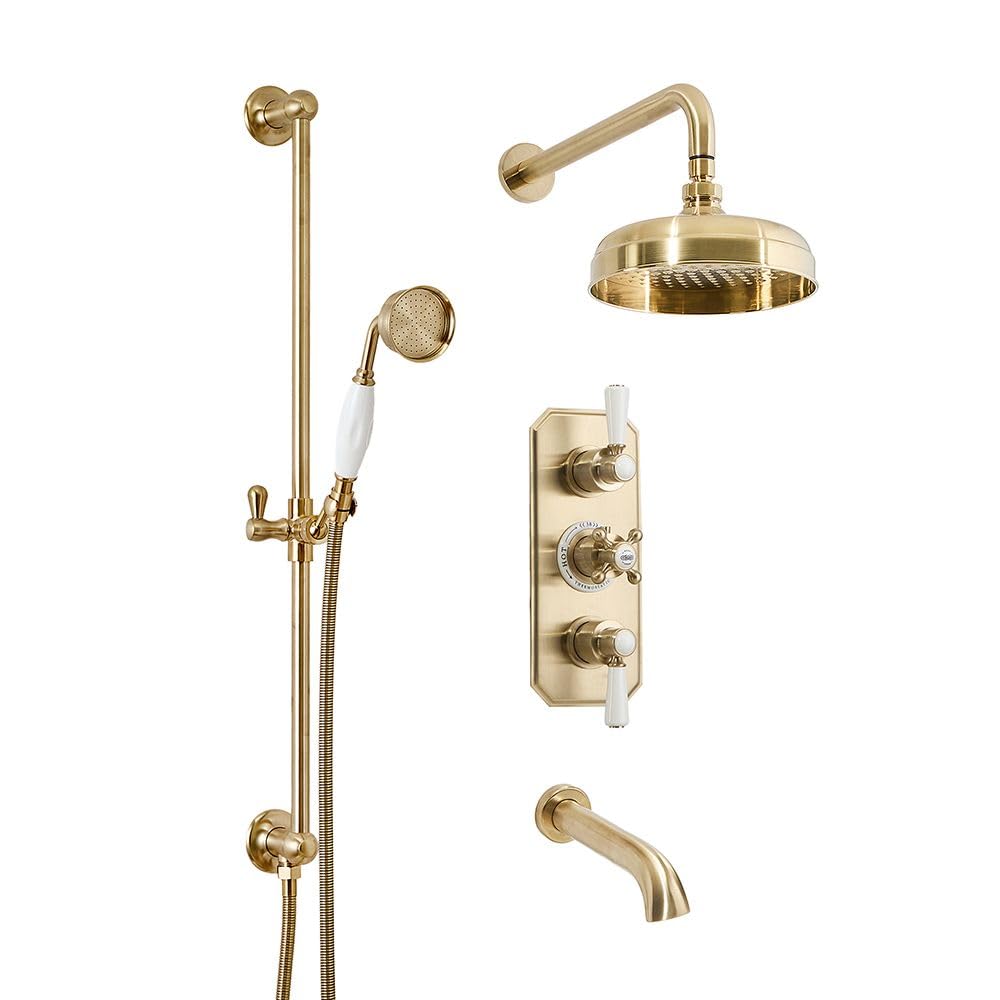Milano Elizabeth Thermostatic Mixer Valve 205mm Round Shower Head Riser Rail Bath Spout - Brass