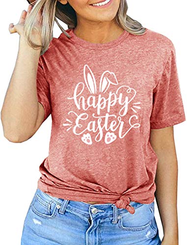 Image of Women Happy Easter T Shirt Bunny Rabbit Graphic T-Shirt Funny Letter Printed Shirts Short Sleeve Tops