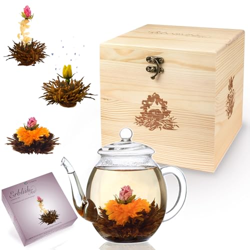Mix de fleurs de thé Creano - in coffret cadeau déco bois « Floraison » -avec théière en verre | Thé noir 6 thés fleuris en (3 sortes différentes de roses de thé)