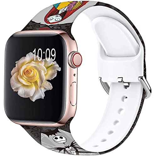 Leotop Pattern Printed Soft Silicone Bands Compatible with Apple Watch 49mm 46mm 45mm 44mm 42mm 41mm 40mm 38mm. (Black Jack&Sally - Image 2