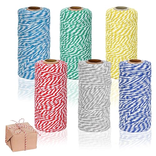Cordón de Algodón de Colores Mezclados, 6 Rollos de Hilo Macrame, 100 m x 2 mm, Hilo de Algodón, Cordón de Paquete, Bicolor para Manualidades, Envoltura de Regalos, Floristería