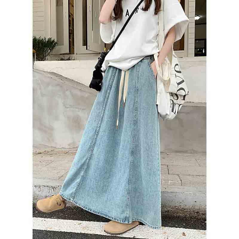 Women's Retro Washed Elastic Waistband Drawstring Denim Skirt, mid Length, Loose A-line Large Swing Skirt4