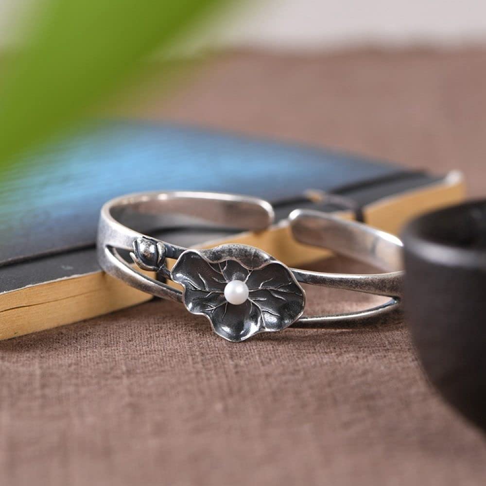 Silberarmreif für Damen, S925-Silberarmband, Vintage-Lotusblatt mit Perle, offener Armreif, Freundschaftsarmbänder, Sterlingsilber-Schmuck für Frauen, Freundin