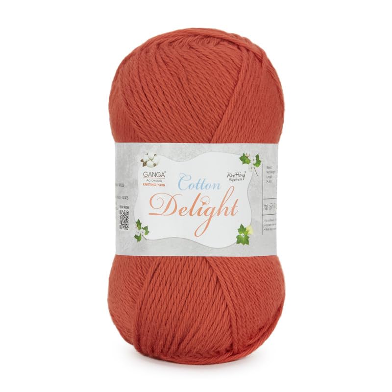 Image of Ganga Acrowools Cotton Delight, Dk Weight Cotton Yarn, Oekotex Class L Certified 100G, 169M, Pack of 1 Ball - 100gm Each, Shade No. - COD099 Coral Red