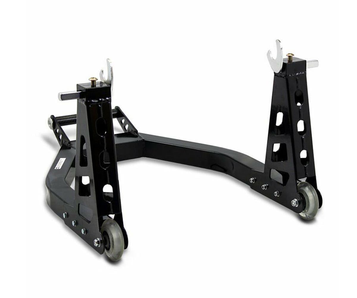 Caballete de aluminio con soportes de tenedor y soportes de goma – Elevador de moto ajustable