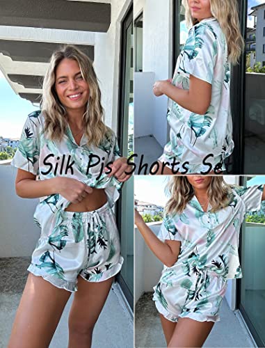 Image of HOTOUCH Womens Satin Pajamas Set Button Down 2 Piece Silk Pjs Shorts Set Ruffle Lingerie Notch Collar Sleepwear