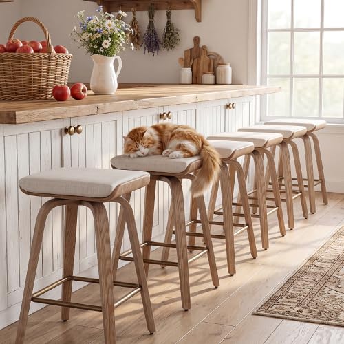 Image of HNY 26 inch Swivel Bar Stools Set of 6, Backless Counter Height Bar Stools with Removable Linen Cushion, 360 Swivel Wooden Saddle Stools with Footrest for Kitchen Island, Home Bar & Small Spaces