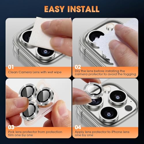 Image of CLITZ for iPhone 16 Pro /16 Pro Max Camera Lens Protector Bling Individual Metal Glitter Ring 9H Hardness Scratchproof Protector, Stylish Phone Accessories, Case Friendly (Titanium grey Glitter)