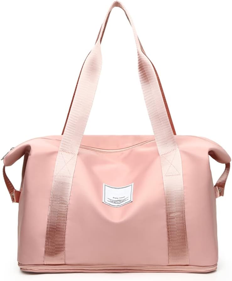 ORiTi Expandable Travel Duffel Bag, Sports Tote Gym Bag, Shoulder Weekender Overnight Bag with Trolley Sleeve for Women Pink