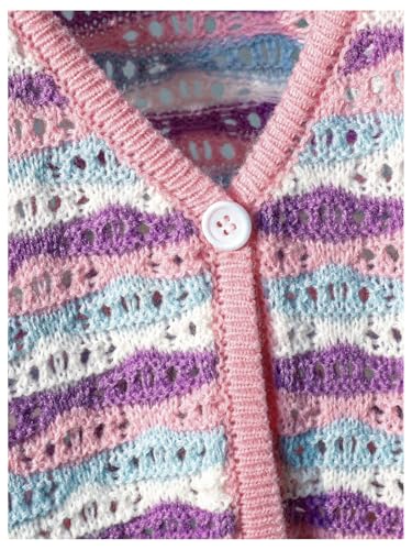 SweatyRocks Girl's Button Down Striped Crochet Crop Cardigan Hollow Out Long Sleeve Knit Cover Up4