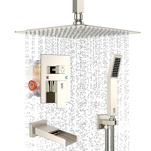 SR SUN RISE 12 Inches Shower and Tub Faucets Sets Complete All Metal Shower System with Tub Spout Square Bathtub Faucet Set Shower Head and Handheld Combo, Brushed Nickel(Valve Included)