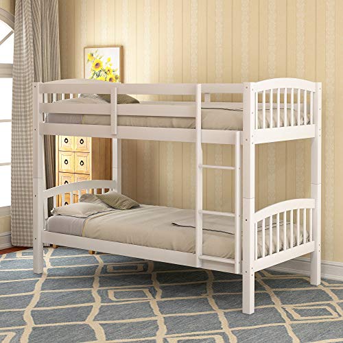 P PURLOVE Twin Over Twin Bunk Bed,Convertible Bunk Bed Can Be Divided Into Two Daybeds,Wood Bunk Beds with Ladder and Guardrails for Kids, Teens,White