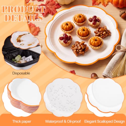 Image of 30 Pcs Orange and White Paper Plates 9 In Scalloped Fall Plates Disposable | White Plate with Orange Trim Thanksgiving Plate for Baby Shower, Wedding, Bridal Shower, Birthday, Picnic