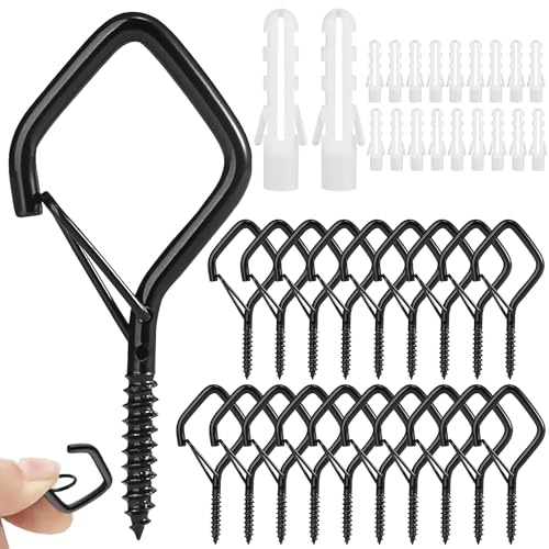 Omnikryp 20 Piezas Ganchos de Tornillo, Ganchos Atornillables de Metal, Hembrillas Cerradas, Alcayatas Pared para Luces de Exterior Tazas Plantas Cocina Jardín Decoración de Navidad, Negro