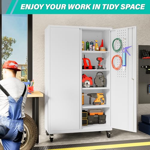 Image of SISESOL White Wide & Deep Metal Storage Cabinet with Wheels,Tall Rolling Garage Storage Cabinet with Lock,Black Metal Cabinets with Shelves and Pegboards,Tool Locker for Garage,Home,Office