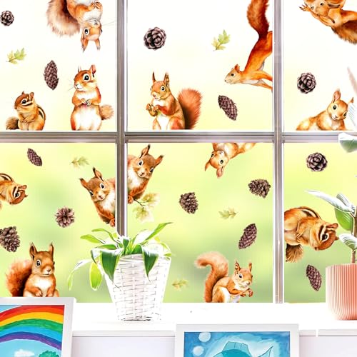 Squirrel Window Stickers Funny Squirrel Wall Stickers Funny Animal Window Decals Cute Animal Fall Pine Cone Wall Decals Peel and Stick Cartoon Squirrel Stickers for Wall Car Window Stickers