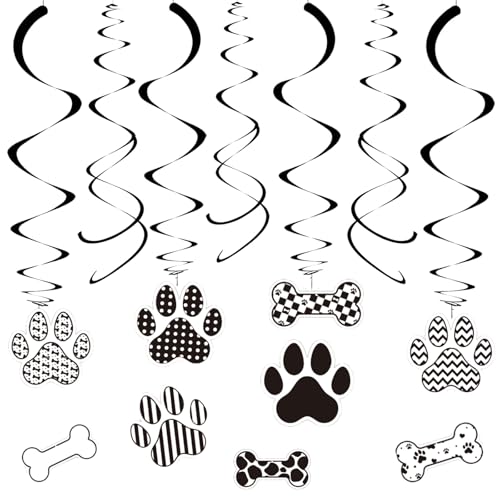 Image of Dog BirthdayHanging Swirl Set Party Decorations, 48 Pcs, Dog Paw Bones Party Supplies Sign,White Black Grid