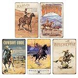 Vintage Western Cowboy Metal Sign Rustic Cowboy Metal Wall Art Tin Signs for Bar, Garage Man Cave Farmhouse Country Home Western Theme Decorations 8x12 Inch 5PCS