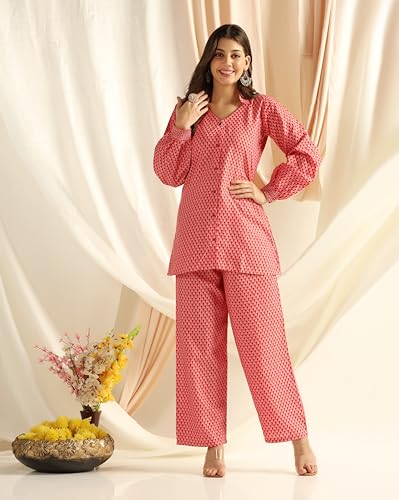 Image of DHRUVI TRENDZ Co Ord Set for Women Stylish | Ethnic Cotton Casual Cord Set | Stylish Summer Kurta & Pant Set | Casual Daily Outfit Night Suit for Women | Full Sleeve Top with Relaxed Fit Trousers