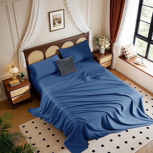 Image of 100% Egyptian Cotton Sheet Set 4 Pcs , 1200 TC, 16 inch Deep Pocket Sheet Queen | Long Staple Cotton Sheet, Soft and Breathable, 1 Fitted Sheet, 1 Flat Sheet, 2 Pillowcase Cozy for All Season, Navy Blue