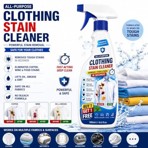 Image of All-Purpose Clothing Stain Remover Spray | No Bleach Fabric Stain Cleaner for Coffee, Wine, Oil & Grease | Fabric Cleaner for Clothes, Curtains, Upholstery, Car Seats & Home Textiles