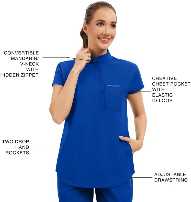 Kitmaz Women's Scrub Set - Convertible Mandarin/V-Neck Top & Jogger Pants, 9 Pockets, Wrinkle & Splash Proof - Image 3