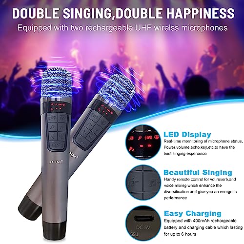 Rhm K222 Karaoke Machine With 2 Uhf Wireless Microphones & 5 Sound Modes, Support Optical/Bluetooth/Aux/Usb/Pc, Wooden Home Karaoke Singing Machine For Tv thumb #3