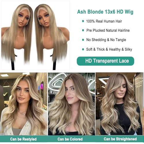 Image of Munx 13x6 Ash Blonde Human Hair Wigs for Women Pre Plucked Ombre Highlight Light Brown and Ash Blonde Straight Lace Wig Bleach Knots with Baby Hair 28 Inch