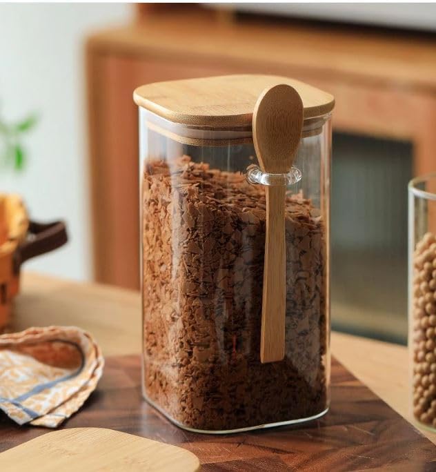 Image of Glass Jars with Airtight Bamboo Lid and Spoon1200ml Kitchen Food Storage Containers Cereal Dispenser Borosilicate Kitchen Containers for Coffee Beans, Spices, Sugar, Tea, Flour, Nuts, Candy, Salts (1)