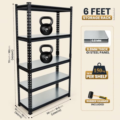Image of JD Fresh 5-Shelf Adjustable Boltless Metal Shelving Unit /Metal Storage Rack with GI Steel Sheet /Multipurpose Utility Display Rack /Standing Shelf Unit for Home /Garage /Warehouse(72 x 36 x 12 Inch,Black)