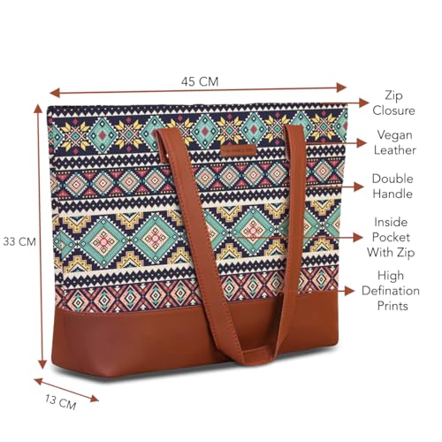 Image of The Purple Tree Handcrafted Women's Tote Bag with Vegan Leather Handles & Indian Prints, Shoulder Tote Bag and Handbag for Office and College (Pack of 1)