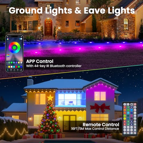 Image of Led Outdoor Ground Lights, Permanent Outdoor Lights for House with RGB Color Changing, Bluetooth Music Sync, IP67 Waterproof, Timer for Eaves Swimming Pool, Beach, Grassland (200 FT)