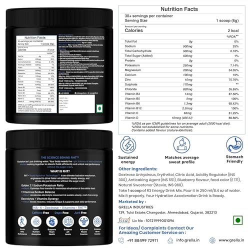 Image of Value Pack | R3 Instant Electrolyte Powder Mix | 500 mg Sodium 2:1 Na:K | 7 Electrolytes Na K Mg Ca Cl Zn SO4 | Fast Dissolve Drink | Workout Hydration & Sustained Boost | Blueberry Flavor | 30+ servings /7.5 Ltr | 200 g (Pack of 2)