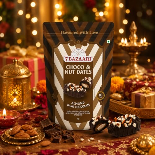 Image of 7 BAZAARI Premium Chocolate Dates with Almonds | Dark Chocolate Coated Dates Healthy Energy Snack | Gluten Free Gourmet Treat | 10 pcs