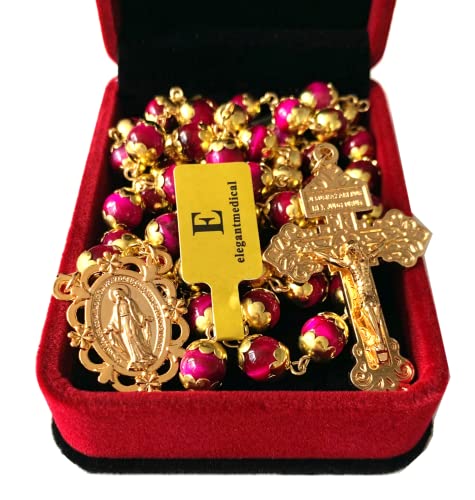 elegantmedical HANDMADE Tiger Eye Prayer Beads Catholic Rosary Necklace Gift Box Italy Crucifix Gold2