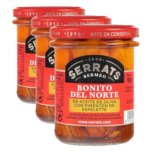 Conservas Serrats - Bonito del Norte en Aceite de Oliva con Pimentón de Espelette - Frasco de 190g (Paquete de 3)
