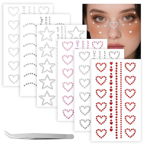 DOPENSPI 6Sheet Face Gems with Tweezer, Self Adhesive Face Makeup Gems...