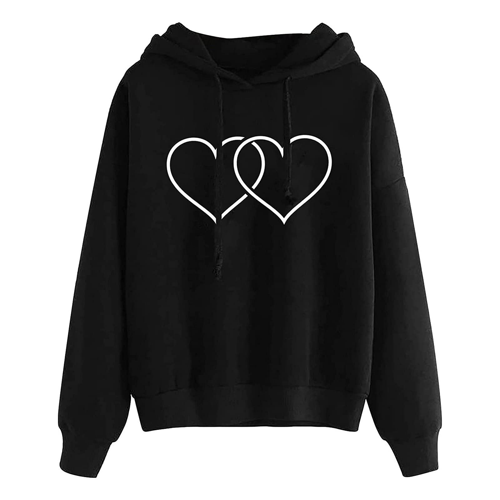 Womens Crewneck Hoodie Heart Print Casual Long Sleeve Lightweight Pullover Tops Hooded Sweatshirt w/Pocket