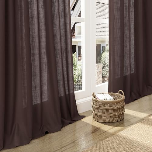 Image of Coffee Linen Blend Drapes 84 Inch Length 2 Panels Set Back Tab Rod Pocket Light Filtering Privacy Semi Sheer Textured Curtains Neutral Farmhouse Decor Curtains for Living Room Bedroom 52x84