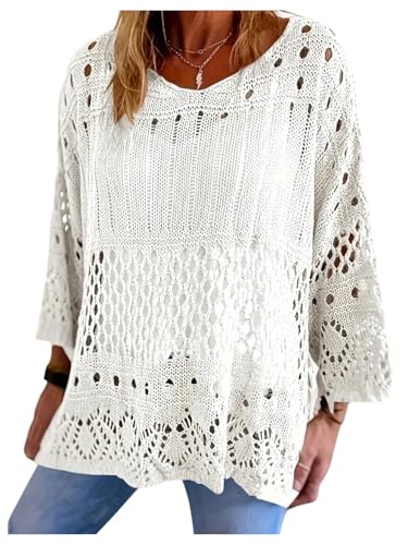 SHENHE Women's Plus Size Tunic Sweater Hollow Out 3/4 Sleeve Sheer Knit Sweaters Pullover