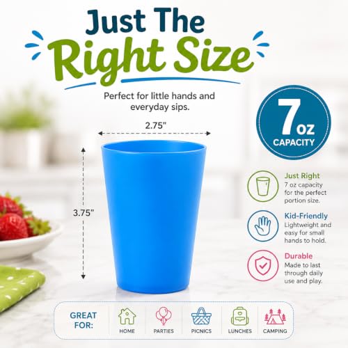 Image of 7 oz Reusable Plastic Drinking Tumblers, 6-Piece Kids Party Cup Set, Assorted Red Green Blue, Two of Each for Home Meals Picnics Outdoor Use