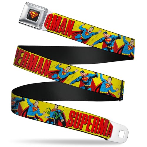 DC Comics Belt, Seatbelt Buckle Belt, Superman Action Poses and Text Yellow Red
