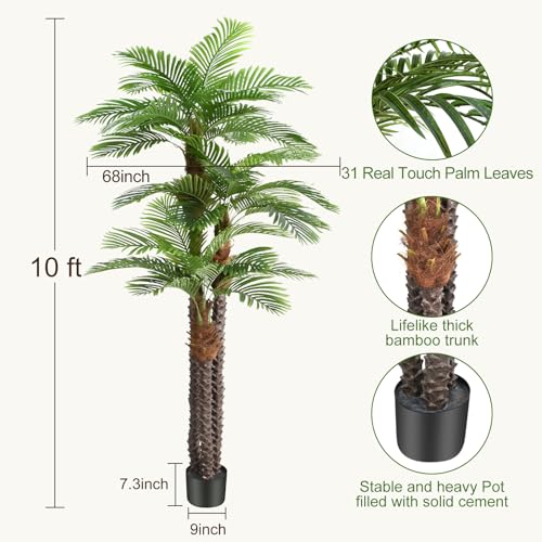 Image of 10ft Tall Artificial Palm Tree for Outdoors - Triple Phoenix Palm, UV Resistant, Large Fake Silk Palm Tree - Perfect for Patio, Poolside, Home Indoor Aesthetic Decor