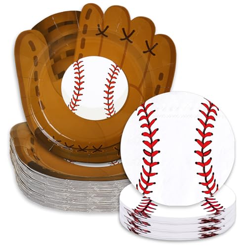 Whaline 90Pcs Baseball Party Plates Napkin Set Glove Paper Plates Baseball Disposable Napkins for Sport Theme Tableware Supplies Party Decoration Serves 40
