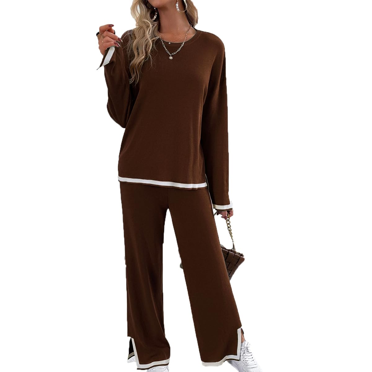 LIAOPUFUS Mujer Conjuntos de Top y Pantalones Traje Casual de Punto Sólido Blusa Suelta Pantalones de Piernas Anchas de Punto Dos Conjuntos de Temperamento en el Trabajo