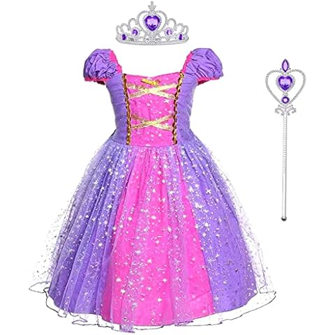Rapunzel Princess Dress Girls Cosplay Costume Kids Floral Puffy Dresses for Summer Pageant Fancy Dress Up Party, Purple + Accessories, 6-7 Years Cover