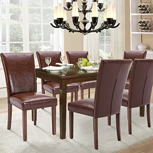 Image of Parsons Dining Chairs Set of 6, Upholstered Nailhead PU Leather Dining Room Kitchen Side Chair with Thick Cushions and Wood Legs, Light Brown