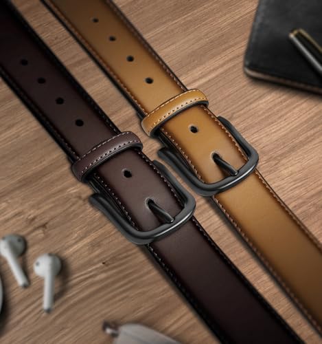 Image of BULLIANT Men Belt 2Pack-Leather Belt 7Holes Comfortable For Men's Dress Casual Jeans 1 3 /8 inch